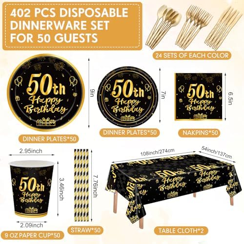 Funnymoom 452 Pcs 50th Birthday Party Decorations Set for Men Women, Black and Gold Happy 50th Birthday Paper Plates Napkins Cups Tablecloth Cutlery Straws for Cheers to 50 Years Anniversary Party - Image 2