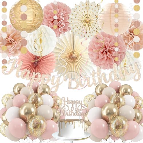 Boho-Pink Birthday Decorations, Happy Banner, Women Paper Lanterns Honeycomb, One Sweet Peach Streamers Garland, Retro Blush Pink Beige Metallic Gold Balloon for Birthdays Party Décor by Vztipki