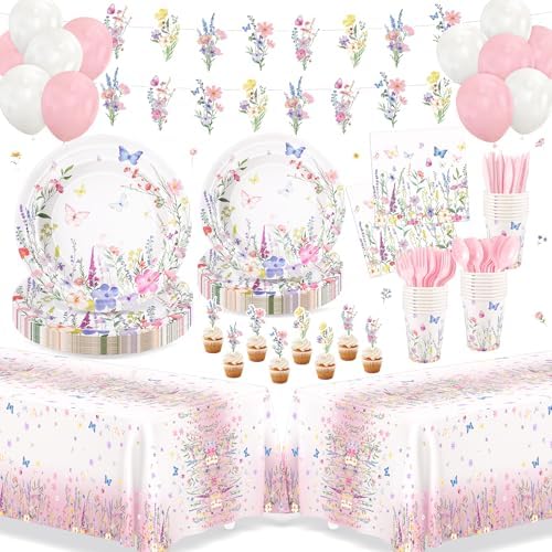 195pcs Wildflower Birthday Party Decoration,Floral Tableware Party Supplies by FightingtoAchieve