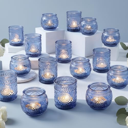 36 Pcs Blue Votive Candle Holders Bulk- Assorted Floral Tea Light Candle Holders for Wedding Table Decor, Blue Centerpieces for Wedding, Bridal Shower, Baby Shower Decorations by LAMORGIFT