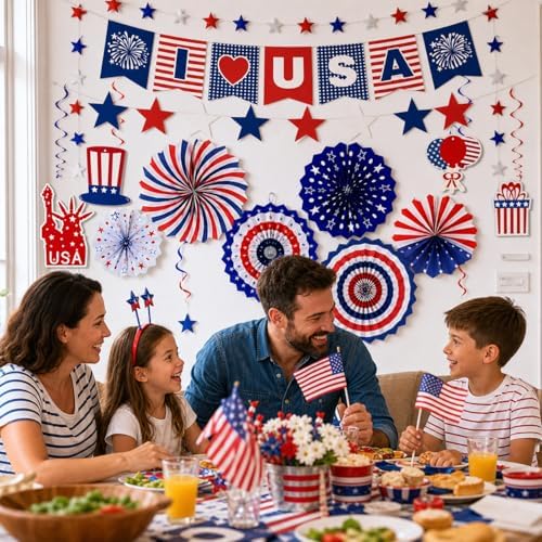 Red White Blue Party Decoration, USA Veterans Day Banner Paper Fans - Image 4