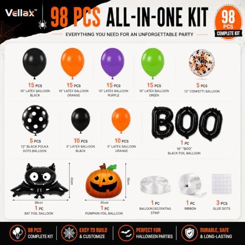 Vellax Halloween Balloon Garland Kit, 98 Pcs with BOO, Bat & Pumpkin - Image 2