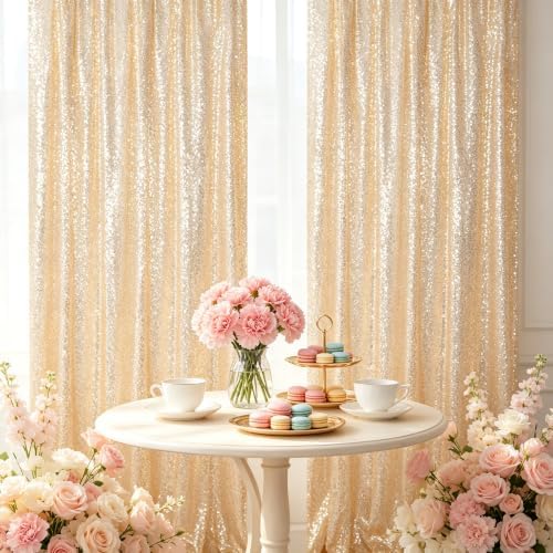 ShinyBeauty Light Gold Sequin Backdrop 2 Panels 7x7ft Christmas Backdrop - Image 2