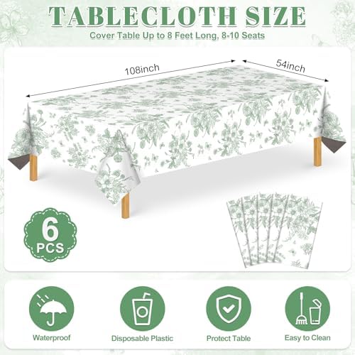 NatNarr 6 Pack Sage Green Floral Plastic Tablecloths, Tea Party Tablecloth - Image 2