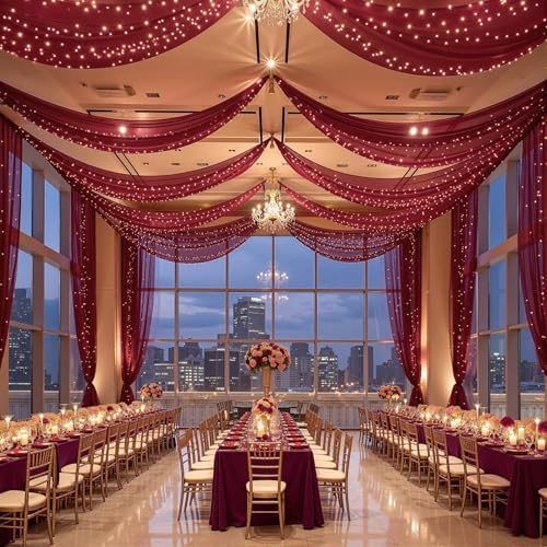 6 Panels Burgundy Ceiling Curtains with Lights for Weddings - 5ftx30ft Wrinkle-Free Tulle Fabric Wedding Arch Draping Ceiling Drapes Decorations for Wedding Party Ceremony Stage Tent Event by Unknown