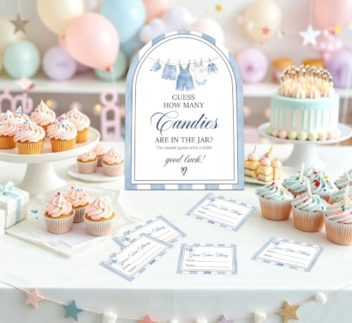 Blue Jean Baby Shower Games, Denim Western Guess How Many Candies Are In The Jar, 6x8 Inch Arch Wooden Sign With Stand And 50 Guessing Cards, Gender Reveal Party Supplies & Decorations - JC06 - Image 4