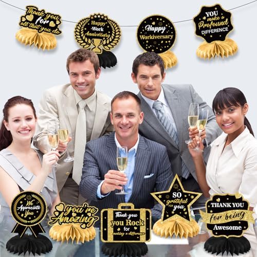 9Pcs Happy Work Anniversary Decorations Black Gold Happy Workiversary Table Honeycomb Centerpieces Office Anniversary Party Table Topper Decor for Employee Worker Anniversary Appreciation Supplies - Image 3