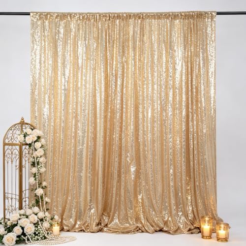 ShinyBeauty Light Gold Sequin Backdrop 8x10ft Fabric Drapes Birthday Party - Image 2