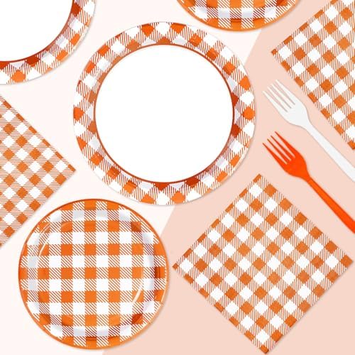 96Pcs Orange Gingham Party Supplies 350GSM Disposable Orange and White Buffalo Checked Paper Plates and Napkins Fall Tableware Set for Thanksgiving BBQ Picnic Baby Shower Birthday Party Decor Serves24 - Image 5