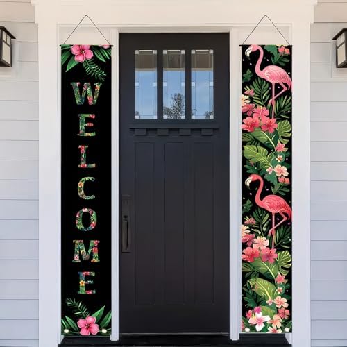 BlissYard 2pcs Black Pink Flamingo Door Banner Summer Hawaiian Porch Banners Sign Sunshine Hibiscus Floral Front Door Hanging Decor Banner for Seasonal Home Hawaii Tropical Party Outdoor Decorations - Image 4