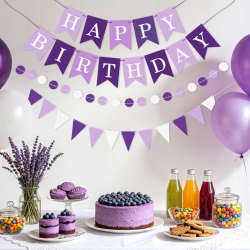Purple Happy Birthday Banner Hanging Sign Circle Dot Triangle Bunting - Image 2