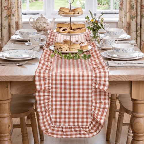 Artoid Mode Caramel Farmhouse Plaid Gingham Ruffle Table Runner, Seasonal Scalloped Fall Kitchen Dining Table Decoration for Home Party Decor 13x36 Inch - Image 2