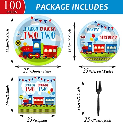 100 PCS Chugga Chugga Two Two Party Supplies Set Train Plates and Napkins 2nd Birthday Party Tableware Packs Decorations Transportation Disposable Paper Plates Napkins Forks For Kids Serve 25 - Image 2