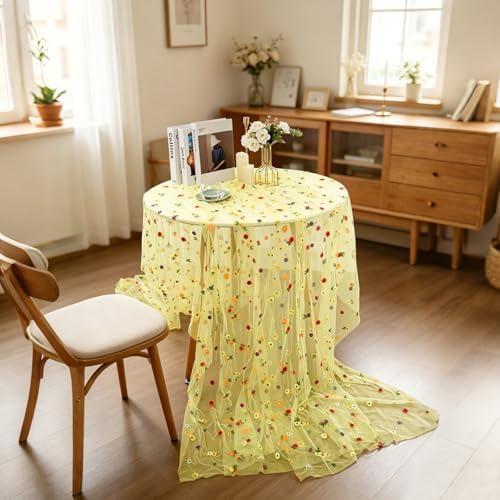 BINBE 3pcs Daisy Spring Table Runner Embroidery Gauze 10FT Florals Seasonal Tulle Holiday Birthday Kitchen Dining Table Decor for Home Party Yellow - Image 5
