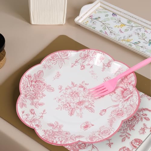 96 PCS Floral Paper Plates, Pink Vintage Floral Paper Plates and Napkins Party Supplies for Birthday Bridal Shower Picnic Tea Time, Serve for 24 Guests - Image 5