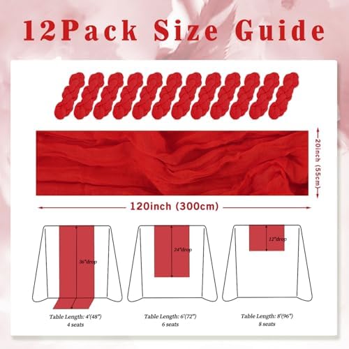 12 Pack Red 10FT Cheesecloth Table Runner Rustic Gauze Fabric Cheese Cloth Table Runner for Wedding Bridal Baby Shower Table Decor Boho Sheer Birthday Party Table Decorations 20 x 120 Inch Long - Image 2