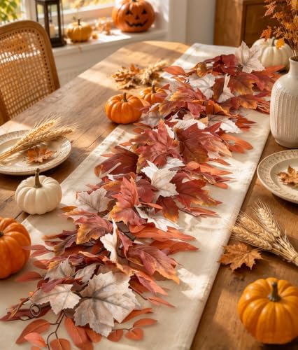 DearHouse Fall Garland Maple Leaf, Orange&White, 5.9Ft/Piec Artificial Autumn Foliage Garland Thanksgiving Decor,2 Pack - Image 3
