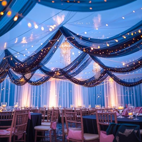 Black Ceiling Drapes with Lights String for Weddings, 6 Panels 5ftx10ft Sheer Tulle Backdrop Photo Background Drapes for Wedding Ceremony Birthday Party Arch Decoration - Image 5