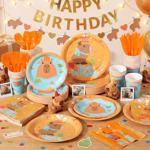 Pickmesh 400 Pcs Party Supplies Disposable Paper Plates Napkins and Cups Decorations for Men Women(Happy Capybara Birthday,Orange Green) - Image 4