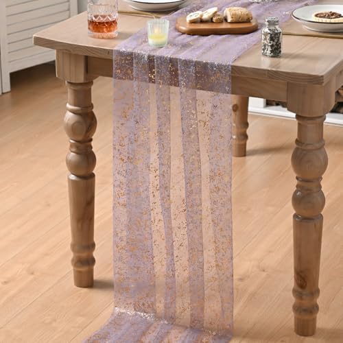 Artoid Mode 10Pcs Grayish Purple Gauze Gold Table Runner 10FT, Glitter Metallic Foil Sheer Dining Wedding Anniversary Holiday Table Decor for Home Party - Image 5