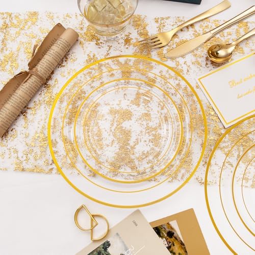 WELLIFE 300Pcs Clear Gold Dinnerware, Clear and Gold Plates Heavy Duty, Including 50 Dinner and 50 Dessert Plates, 50 Cups, 50 Silverware - Image 5