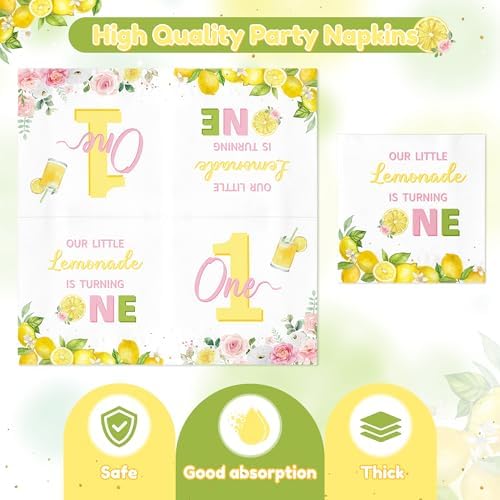 96Pcs Lemon 1st Party Plates Supplies Pink Yellow Our Little Lemonade Is Turning One First Birthday Tableware Decorations Disposable Paper Plates Napkins Forks for Kids Baby Shower, Serves 24 - Image 4