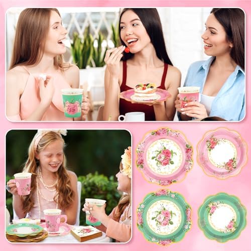 200Pcs Floral Tea Cups and Saucers for Tea Party Supplies, Disposable Tea Cups with Handle and Paper Napkins Dinnerware for Floral Theme Birthday Wedding Bridal Shower Baby Shower（Pink Green） - Image 5