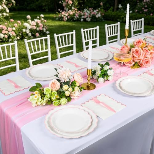 96 Pcs Pink and White Paper Plates and Napkins Set Include 9'' White Dinner Plates with Pink Scalloped Rim, 7'' Dessert Plates, Napkins & Forks for Baby Shower Wedding Bridal Shower Birthday - Image 4