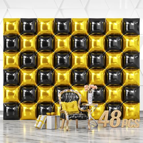 NISOCY 48PCS Black and Metallic Gold Square Foil Balloons Wall Backdrop by NISOCY