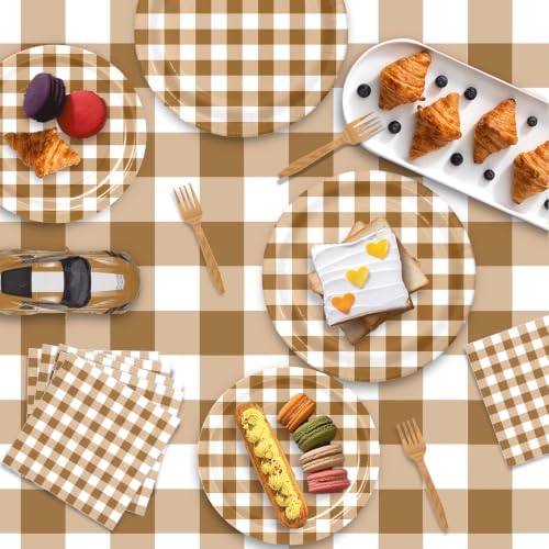 146PCS Brown Gingham Party Supplies Paper Plates and Napkins Serve 36 - Image 6