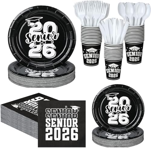 Yungyan 252 Pcs Senior 2026 Graduation Party Tableware Set Black and White Class of 2026 Grad Paper Plates Napkins Cups Forks Knives Cutlery for Graduate Party Decorations Supplies,Serve 36 by Yungyan