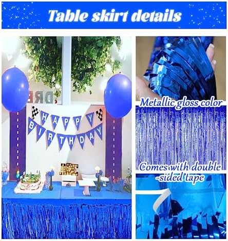 6 PCS Blue Metallic Foil Fringe Tinsel Table Skirts 9 Feet x 29.5 Inch - Image 3