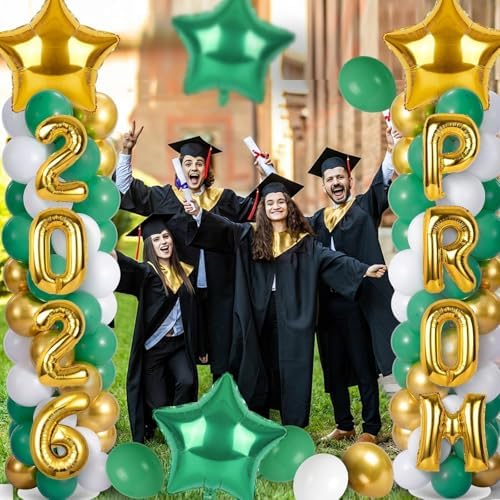 2 Sets Graduation Balloon Column Stand Kits with 132 PCS Green Gold White Latex Balloons 2026 Letters 6.5 Ft Adjustable Metal Tube Telescopic Tower Pillar with Base for Graduation Party Decoration - Image 7