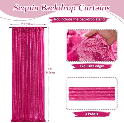 4 Pieces 2FTx8FT Fuchsia Sequin Backdrop Curtain Panels Stage Backdrop Background for Christmas Party Decoration Wedding Party Background Drapes - Image 4