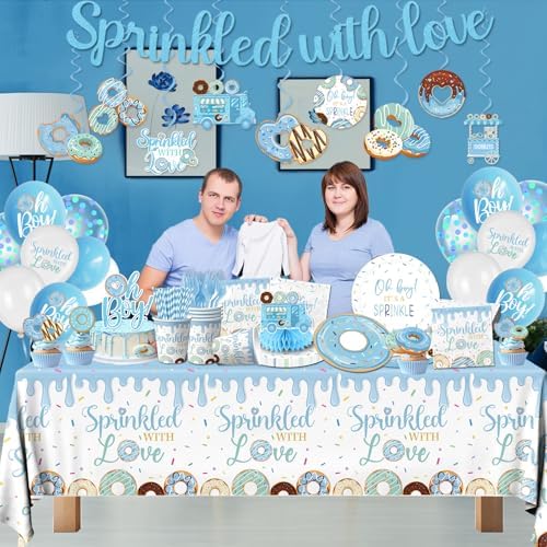 Baby Sprinkle Decorations for Boy,Blue Sprinkled with Love Party Plate,Napkin,Cup,Cake Topper Donut Baby Shower Decorations for Baby Boy Sprinkle Party Supplies Serves 24 - Image 3