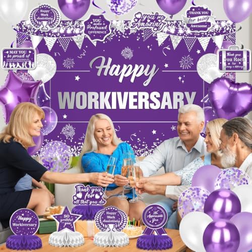 Happy Workiversary Decorations for Women Purple Silver Work Anniversary Banner Honeycomb Centerpieces Hanging Swirls Balloons Set for Office Employee Worker Anniversary Appreciation Party Supplies - Image 7