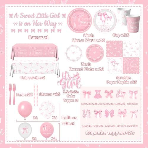 Pink Bow Baby Shower Decorations for Girl,Pink Bow Birthday Party Supplies Include Bow Plate,Napkin,Banner,Cake Topper,Balloons Welcome Baby Girl Decorations for Coquette Bow Party Serves 25 - Image 6