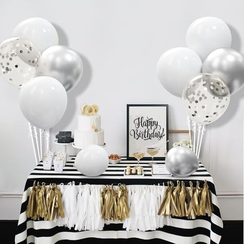 62pcs Party Decorations Balloons Kit - 12 Inches Silver White Confetti Party Balloons for Graduation Birthday Wedding Party Baby Shower Decoration Supplies - Image 5