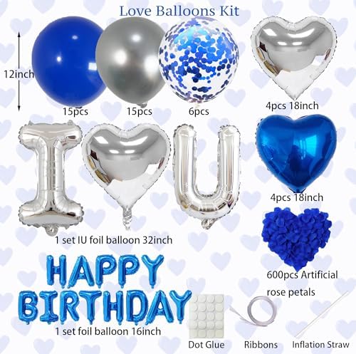 Romantic Birthday Decorations for Him I LOVE YOU & HAPPY BIRTHDAY Foil Balloons & Rose Petals,Blue Silver Special Night Decorations, Husband Anniversary Surprise,Bedroom,Men Boyfriend Hotel Decor - Image 2
