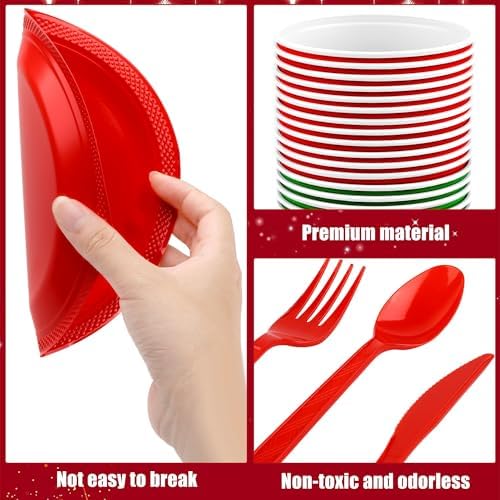 Aodaer 400 Pieces Christmas Party Supplies Red Green Plastic Dinnerware Include Plates Cups Knives Forks Spoons Paper Napkins for Christmas Birthday Wedding Parties, Serve 50 Guests - Image 3