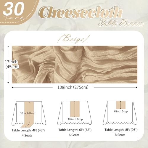 30 Pack Beige Cheesecloth Table Runner 17 x 108 inch Cheese Cloth Table Runners 9ft Beige Table Runner Rustic Romantic Sheer Gauze Runner for Wedding Party Baby Shower Table Decoration - Image 2