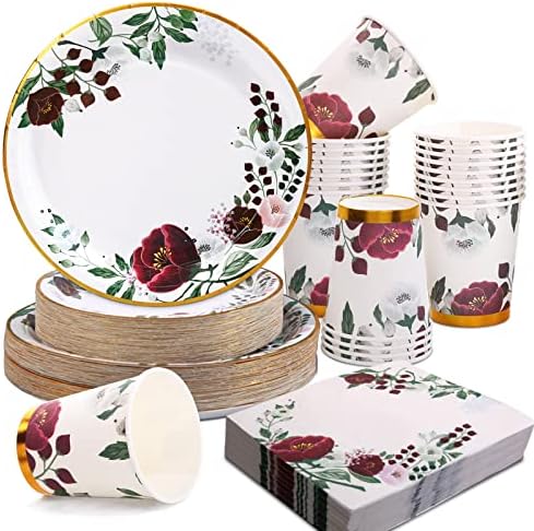 200Pcs Floral Paper Plates and Napkins Party Supplies - Bridal Shower Decorations Serves 50, Burgundy for Wedding, Birthday, Valentine's Day, Easter, Spring Party by Gudvilla