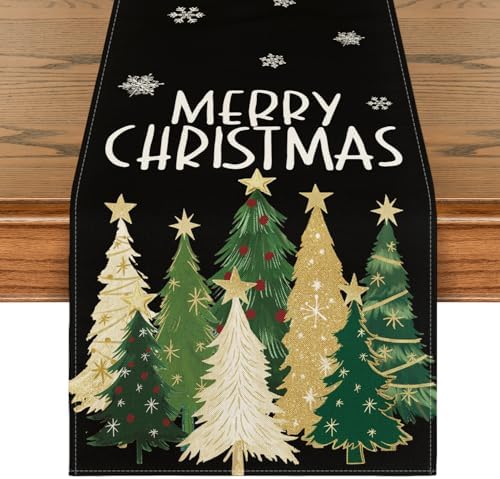 Artoid Mode Xmas Trees Snowflakes Black Merry Christmas Table Runner, Winter Seasonal Kitchen Dining Table Decoration for Home Party Decor 13x108 Inch by ArtoidMode