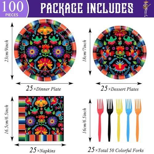 100PCS Mexican Fiesta Party Plates and Napkins Party Supplies Day of The Dead Mexico Mexican Tableware Dinnerware Set Decorations for Dia De Los Muertos Mayo Dance Pinata Colorful Ponchos Serves 25 - Image 2