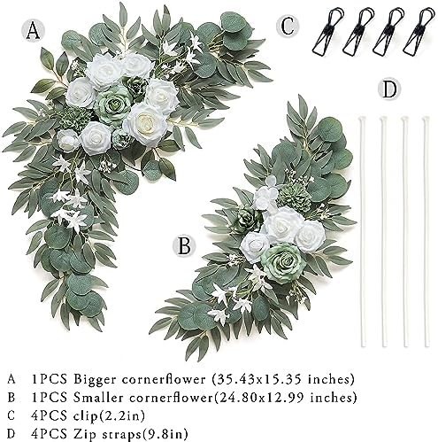 Olalaka 2-Pack Sage Green & White Wedding Flower Swag Set, Large: 35.43"L x 14.56"W, Small: 24.80"L x 12.99"W, Artificial Flowers for Wedding Arch, Ceremony, Table Centerpieces, Wall Hanging - Image 2