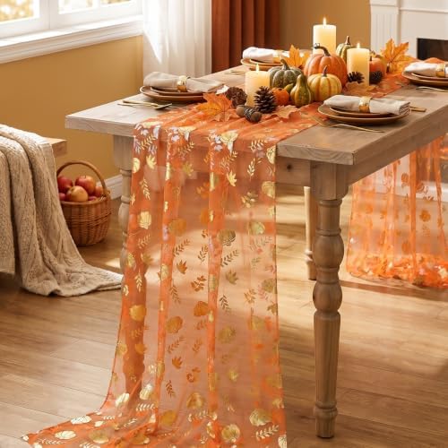Artoid Mode 3-Pack Fall Gauze Table Runner 120 Inch, Metallic Foil Leaves - Image 3