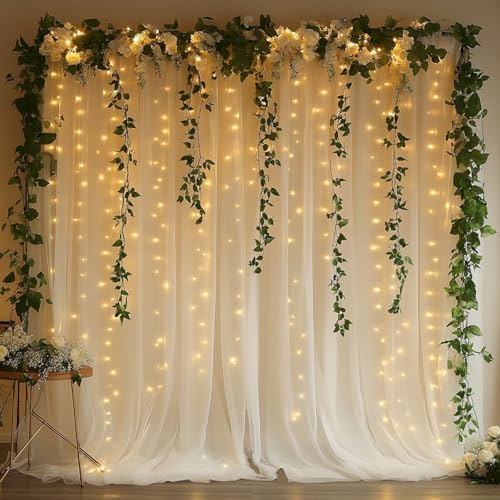Tulle Curtain Backdrop with 300 LED Fairy Lights for Parites Wrinkle-Free Sheer Curtain Drapes Photo Back Drop for Wedding Baby Shower Bridal Shower Birthday Home Décor - 10ft×10ft, Ivory by HOLITS