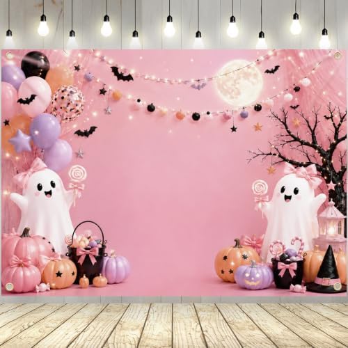 Xzentira Pink Halloween Backdrop 7x5 FT Cute Ghost Pumpkin Halloween Party Decorations Photo Booth Background for Girls Kids Adult by Xzentira