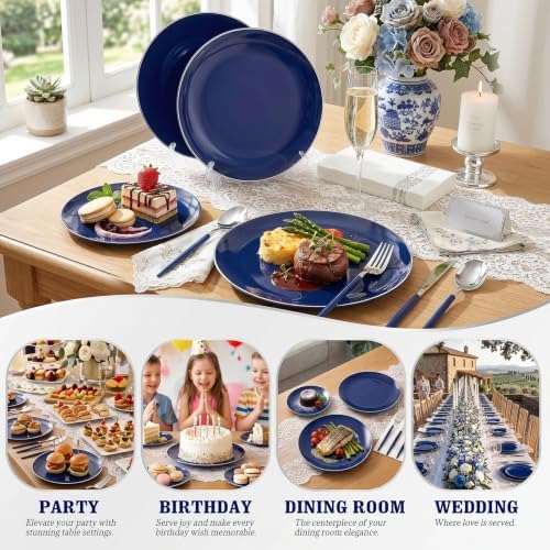 KIRE 175Pcs Blue Plastic Plates with Silver Rim & Disposable Silverware with Blue Handle & Silver-rim Cups & Hand Napkin & Plastic Dinnerware for Parties/Wedding/Hanukkah/Christmas - Image 3