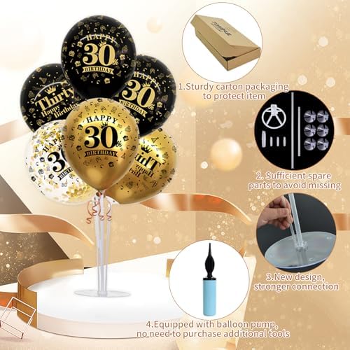 TONIFUL 4 Set Black Gold 30 Printed Balloon Stands for 30th Birthday Decor - Image 3